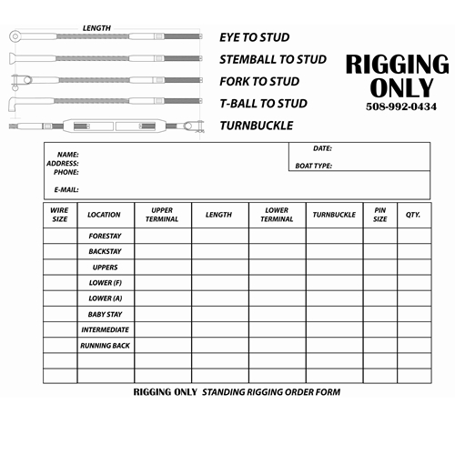 Rigging Only Standing rigging measurement form